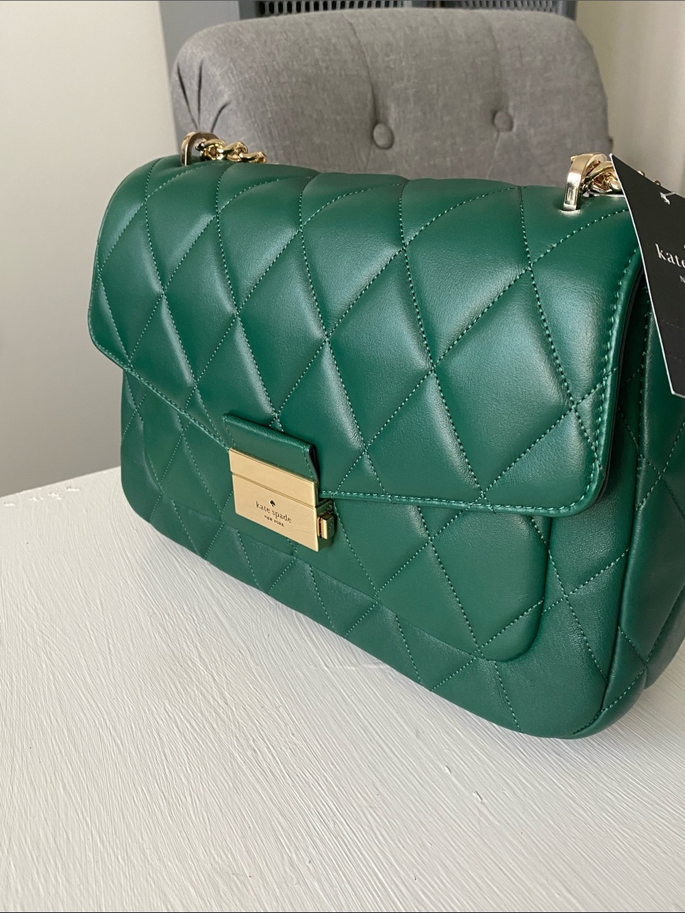 Kate Spade Green Carey Smooth Leather Medium Flap Quilted Shoulder Bag NWT - Picture 8 of 15